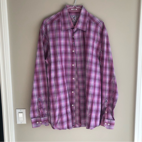 Stunningly Beautiful Bugatchi Men’s Shirt with pink , grey and cream accents - Picture 2 of 10